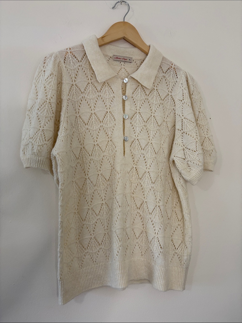 Marine Layer Rebecca Sweater Polo Fall 2025 Cream Pointelle Puff Sleeve Fuzzy XL - Picture 2 of 13